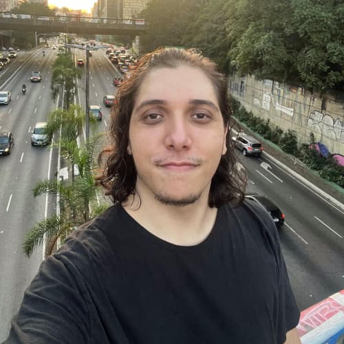 Um homem de cabelos compridos e camiseta preta tirando uma selfie em uma ponte sobre uma rodovia movimentada com carros, palmeiras e grafites ao fundo